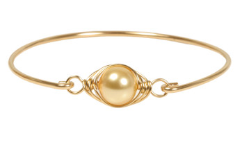 14K yellow gold filled wire wrapped pearl bangle bracelet handmade by Jessica Luu Jewelry