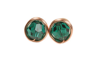 14K rose gold filled wire wrapped emerald green crystal stud earrings handmade by Jessica Luu Jewelry