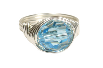 Sterling silver wire wrapped 10mm aquamarine blue crystal solitaire ring handmade by Jessica Luu Jewelry