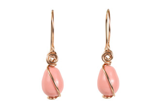 14K rose gold filled wire wrapped pink coral teardrop pearl dangle earrings handmade by Jessica Luu Jewelry