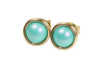 14K gold filled aqua blue green pearl stud earrings handmade by Jessica Luu Jewelry