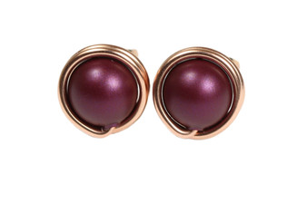 14K rose gold filled wire wrapped dark purple elderberry pearl stud earrings handmade by Jessica Luu Jewelry
