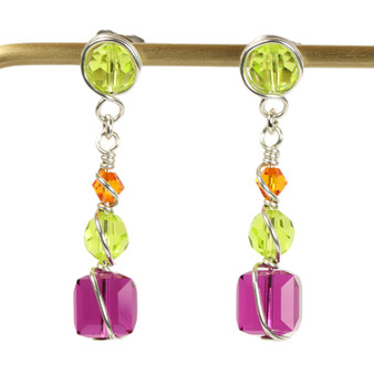 Sterling silver wire wrapped pink purple green orange crystal dangle earrings handmade by Jessica Luu Jewelry