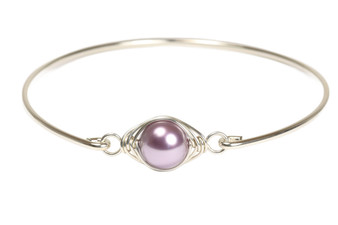 Sterling silver wire wrapped claspless slide on bangle bracelet with 10mm mauve purple pearl solitaire handmade by Jessica Luu Jewelry