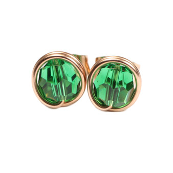14K rose gold filled wire wrapped jade green faceted round Austrian crystal stud earrings handmade by Jessica Luu Jewelry