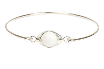 Sterling silver wire wrapped bangle bracelet with 10mm white alabaster gemstone solitaire handmade by Jessica Luu Jewelry