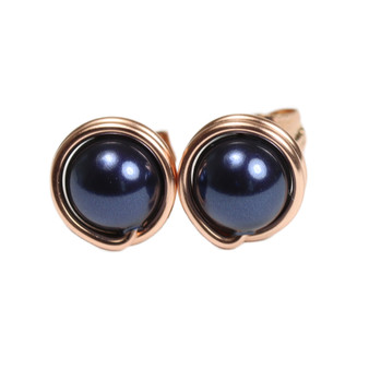 6mm navy blue pearl stud earrings in 14K rose gold filled wire wrapped setting handmade by Jessica Luu Jewelry