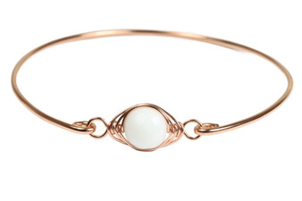 14K rose gold filled bangle bracelet with 10mm white alabaster faceted gemstone solitaire handmade by Jessica Luu Jewelry