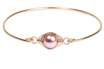 14K rose gold filled bangle bracelet with 10mm blush pink pearl solitaire handmade by Jessica Luu Jewelry