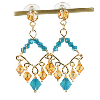14K yellow gold filled chandelier earrings with blue and orange faceted Austrian crystals handmade by Jessica Luu Jewelry