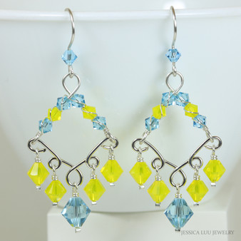Sterling silver chandelier earrings with aquamarine blue and yellow Austrian crystals handmade by Jessica Luu Jewelry