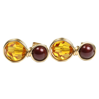 Topaz orange Austrian crystal and maroon pearl drop earrings in 14K yellow gold filled wire wrapped setting handmade by Jessica Luu Jewelry