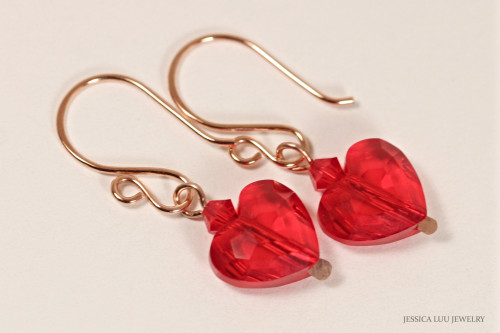 14K rose gold filled earrings with light siam red crystal heart dangles handmade by Jessica Luu Jewelry