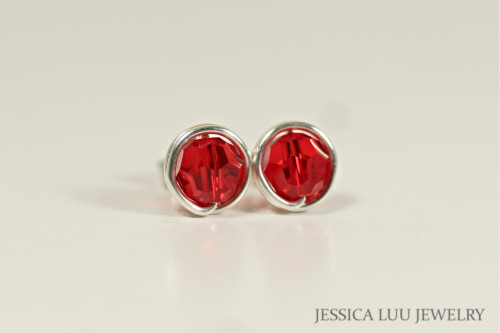 Sterling silver wire wrapped light siam red crystal stud earrings handmade by Jessica Luu Jewelry