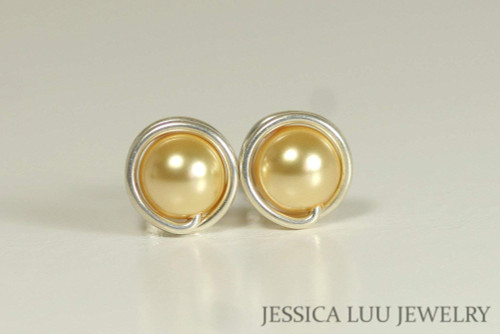 Sterling silver wire wrapped yellow gold pearl stud earrings handmade by Jessica Luu Jewelry