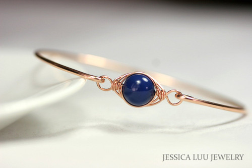 14K rose gold filled wire wrapped bangle bracelet with dark lapis blue pearl solitaire handmade by Jessica Luu Jewelry