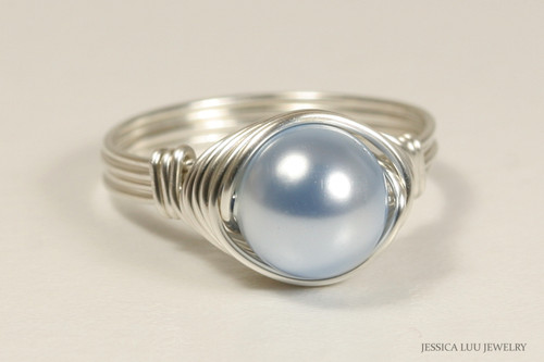 Sterling silver wire wrapped light blue pearl solitaire ring handmade by Jessica Luu Jewelry