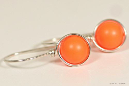 Sterling silver wire wrapped neon orange pearl drop earrings handmade by Jessica Luu Jewelry