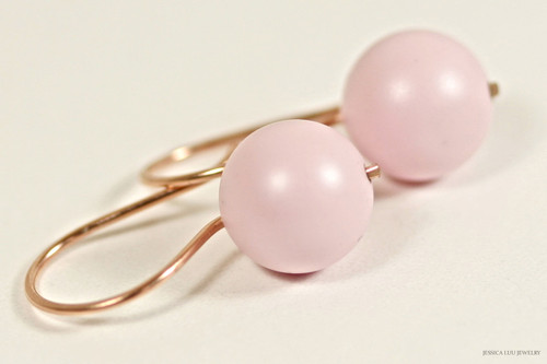 14K rose gold filled light pastel pink pearl drop earrings handmade by Jessica Luu Jewelry