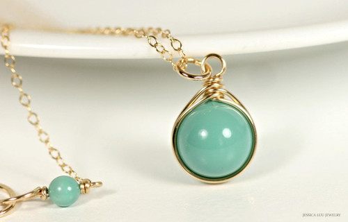 14K yellow gold filled wire wrapped jade blue green pearl solitaire pendant on chain necklace handmade by Jessica Luu Jewelry