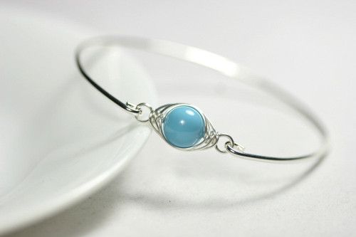 Sterling silver herringbone wire wrapped turquoise pearl bangle bracelet