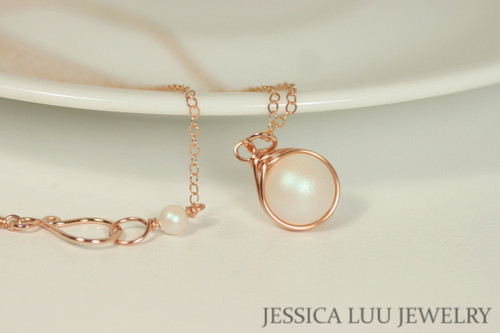 Rose Gold Shimmer White Pearl Necklace - Available with Matching Earrings and Other Metal Options