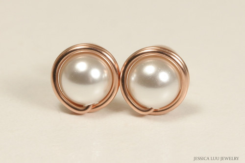 14K rose gold filled wire wrapped white pearl stud earrings handmade by Jessica Luu Jewelry