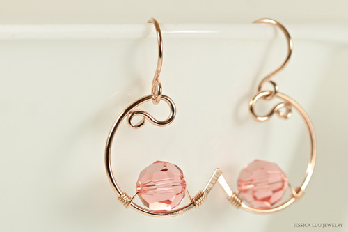 14K rose gold filled wire wrapped rose peach crystal crescent dangle earrings handmade by Jessica Luu Jewelry