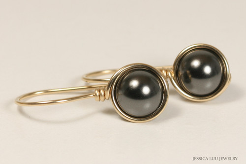 14K yellow gold filled wire wrapped black pearl drop earrings handmade by Jessica Luu Jewelry