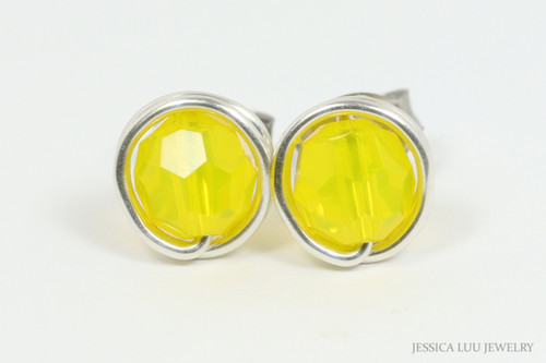 Sterling silver wire wrapped stud earrings with yellow opal crystals handmade by Jessica Luu Jewelry