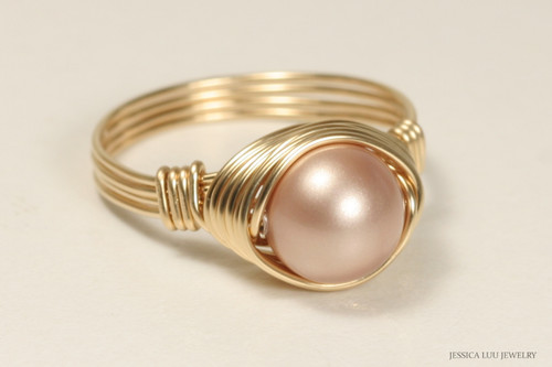 14K yellow gold filled wire wrapped powder almond beige pearl ring handmade by Jessica Luu Jewelry