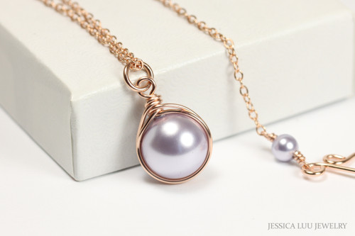 14K rose gold filled wire wrapped 10mm round lavender pearl solitaire pendant on chain necklace handmade by Jessica Luu Jewelry