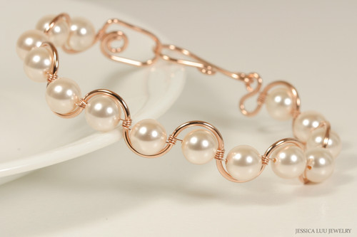 14k rose gold filled wire wrapped bracelet with creamrose pearls handmade by Jessica Luu Jewelry