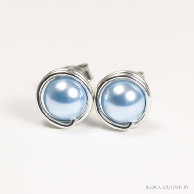 Sterling silver wire wrapped light blue pearl stud earrings handmade by Jessica Luu Jewelry