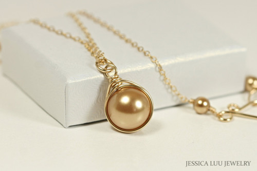 14K yellow gold filled wire wrapped bright gold pearl solitaire pendant on chain necklace handmade by Jessica Luu Jewelry