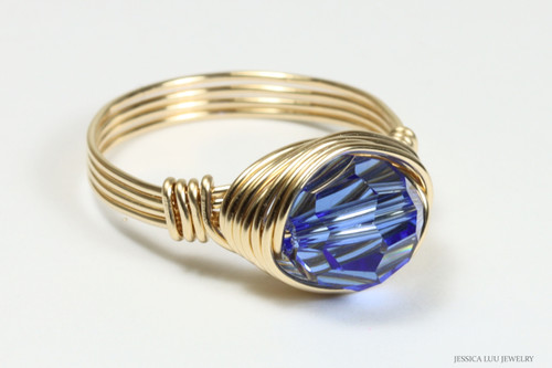 14K yellow gold filled wire wrapped sapphire blue crystal ring handmade by Jessica Luu Jewelry