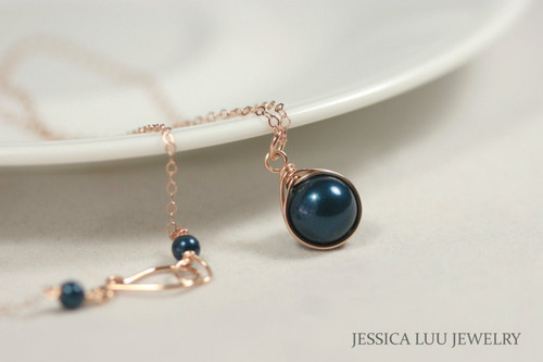 14K rose gold filled wire wrapped dark blue petrol pearl solitaire pendant on chain necklace handmade  by Jessica Luu Jewelry