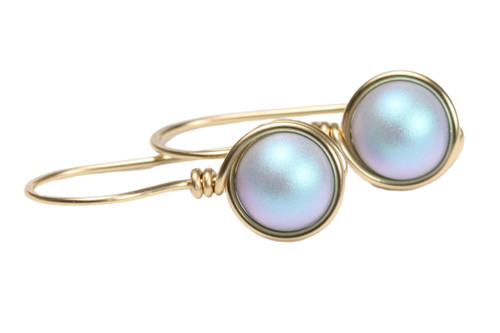 Gold Iridescent Light Blue Pearl Earrings - Available with Matching Necklace and Other Metal Options