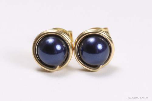 14K yellow gold filled wire wrapped dark navy night blue pearl stud earrings handmade by Jessica Luu Jewelry