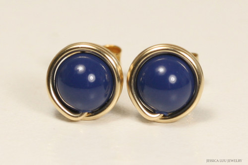 14K yellow gold filled wire wrapped dark lapis blue pearl stud earrings handmade by Jessica Luu Jewelry