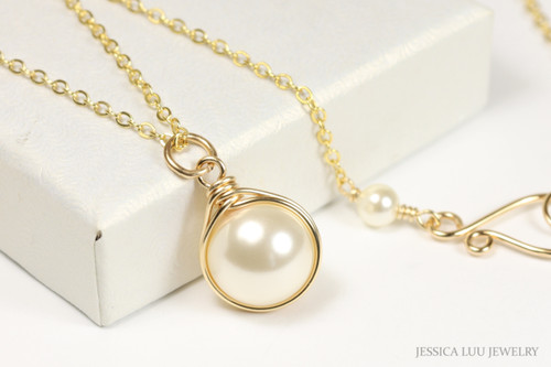 14k yellow gold filled wire wrapped 10mm round cream pearl solitaire pendant on chain necklace with hook and eye clasp handmade by Jessica Luu Jewelry