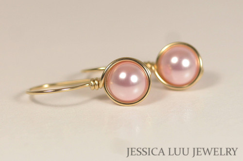 14K yellow gold filled wire wrapped light pink rosaline pearl drop earrings handmade by Jessica Luu Jewelry