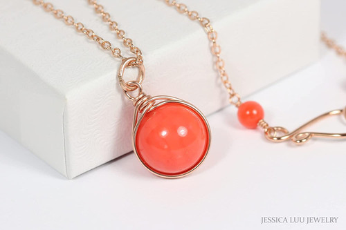 14K rose gold filled wire wrapped orange coral gemstone solitaire pendant on chain necklace handmade by Jessica Luu Jewelry