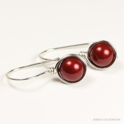 Sterling silver earrings with 8mm dark red pearls handmade by Jessica Luu Jewelry