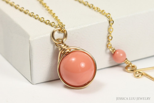 14K gold filled wire wrapped pink coral pearl necklace handmade by Jessica Luu Jewelry