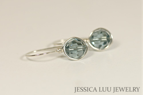 Sterling silver wire wrapped Indian sapphire blue grey Swarovski crystal drop earrings handmade by Jessica Luu Jewelry