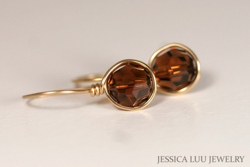 14K yellow gold filled wire wrapped smoked topaz brown crystal drop earrings handmade by Jessica Luu Jewelry