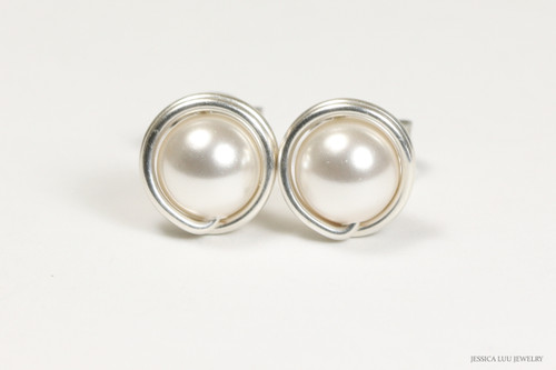 Sterling silver wire wrapped 6mm white pearl stud earrings handmade by Jessica Luu Jewelry