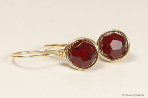 14K yellow gold filled wire wrapped dark red garnet siam crystal drop earrings handmade by Jessica Luu Jewelry