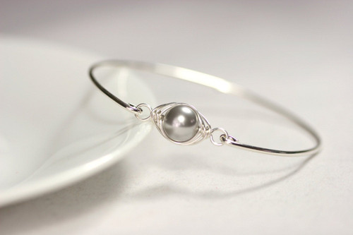 Sterling silver wire wrapped bangle bracelet with light grey pearl handmade by Jessica Luu Jewelry